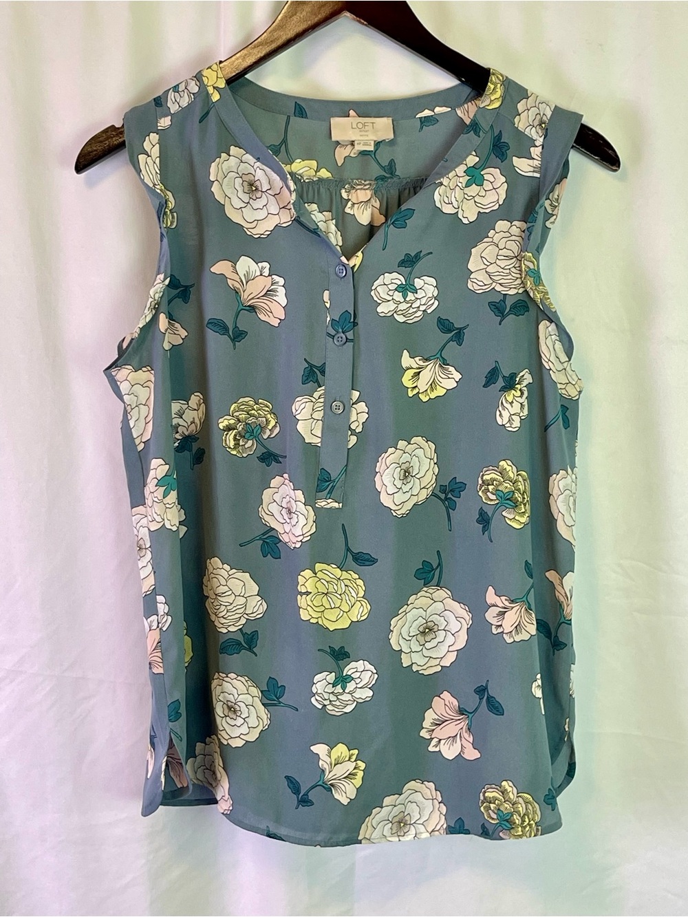 LOFT Teal Floral Sleeveless Henley Tank